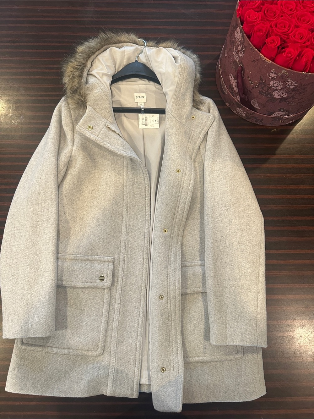 J. Crew Women's Light Gray Wool Blend Hooded Coat with Faux Fur Trim